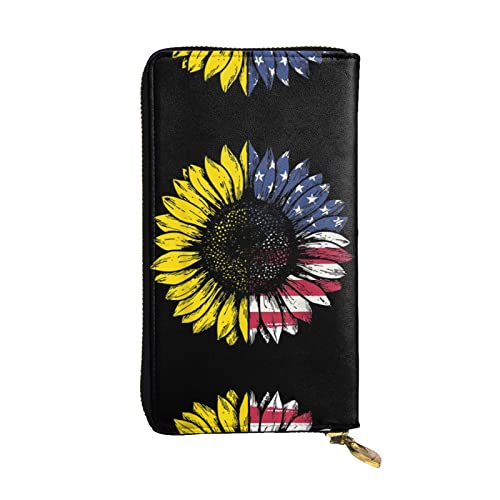 Stilvolle und personalisierte Leder-Geldbörse, lange Clutch, lila Schmetterlinge, einfach zu tragen., Amerikanische Sonnenblumen-Flagge., Einheitsgröße