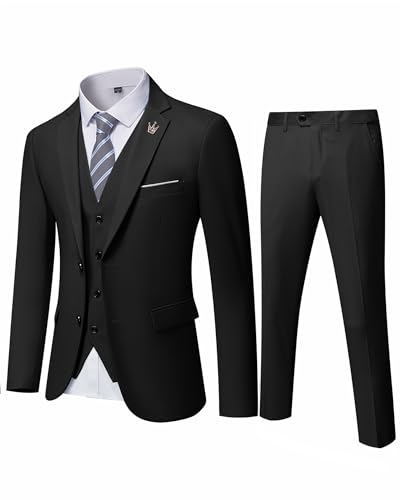 EastSide Herren 3-teiliger Anzug, schmale Passform, 2 Knöpfe, Smoking, Blazer, Weste und Hose, Jacken-Set, Schwarz, L