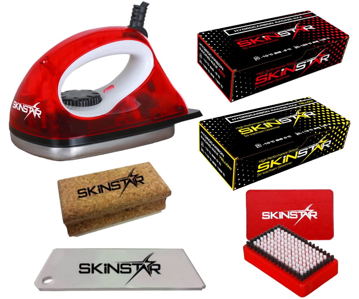 SkinStar Starter Ski Wachs Set, Wachsbügeleisen Bürste Hydrocarbonwachs 6-teilig rot