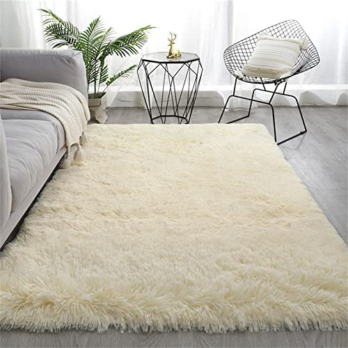 TROYSINC Einfarbig Teppich,Langflor teppiche,Anti-Rutsch Unterseite Waschbar,Wohnzimmer teppiche,Dekorativer Teppich (Beige,100 x 160 cm)