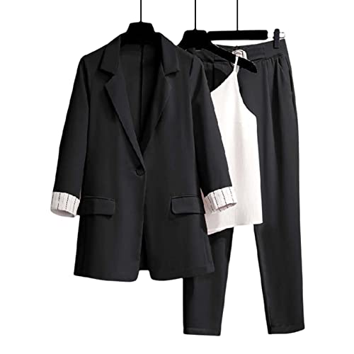 lamphle Blazer Anzug Hosen Weste Set OL Style Meeting Dreiteiliges Set Atmungsaktiv Geschäftsreise Damen Kleidung Schwarz XL