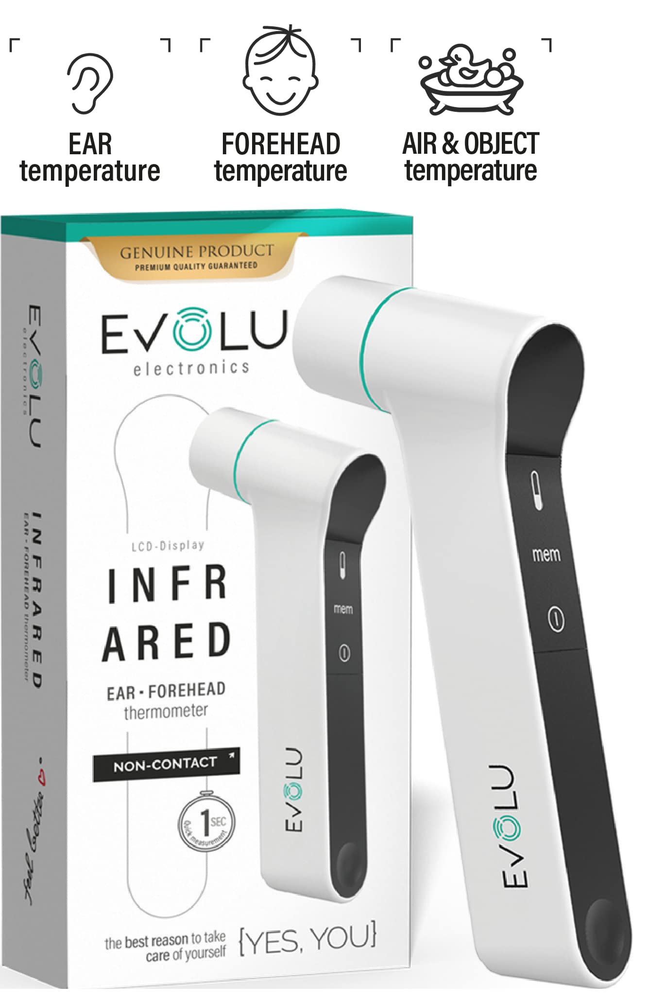 EVOLU 3-in-1 Infrarot Thermometer - Für Erwachsene, Kinder, Babys – Stirn, In-Ohr und Oberflächenmessung von Babynahrung und Badewasser - Beleuchtung in 4 Farben - Stiller Modus & genaue Ergebnisse
