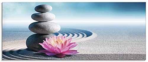 Artland Qualitätsbilder I Glasbilder Deko Glas Bilder 125 x 50 cm Wellness Zen Stein Foto Blau C3ZV Sand Lilie und Spa-Steine in Zen-Garten