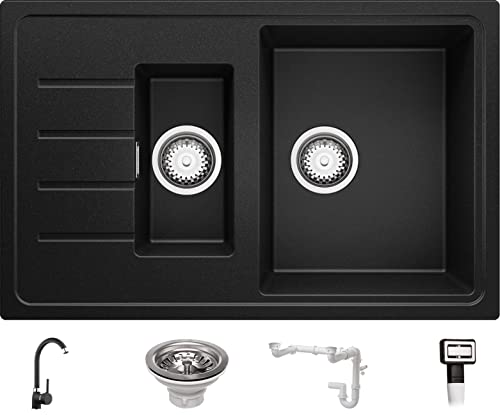 Spülbecken Schwarz 78 x 50 cm, Granitspüle + Küchenarmatur + Ablauf-Set, Küchenspüle ab 60er Unterschrank, Einbauspüle von Primagran