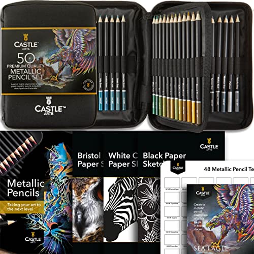 Castle Art Supplies 48-teiliges Metallic-Buntstifte-Set mit Extras | Wachskerne in Qualität in schimmernden Farbtönen für fortgeschrittene, professionelle und Farbkünstler | Im Reißverschluss-Etui