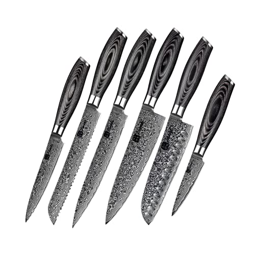 KENSAKI 6er Messerset aus Damaszener Stahl Küchenmesser Japanischer Art hergestellt aus 67 Lagen Damaststahl – Kuro Serie
