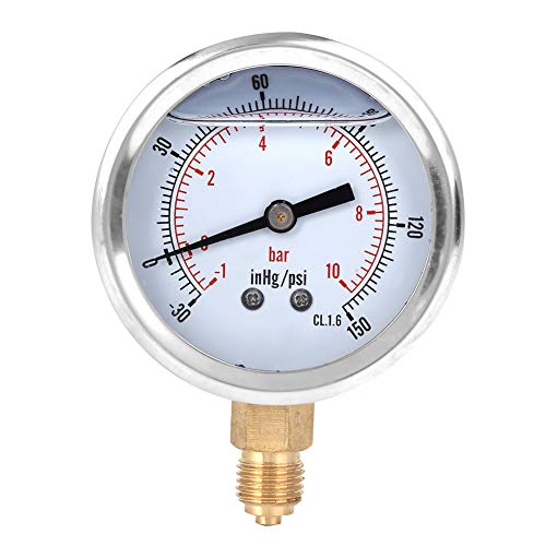 Heayzoki Ölgefülltes Manometer, 1/4 BSP unterer Edelstahl Flüssigkeitsgefülltes Manometer, -1-10 bar, -30-150 inhg/psi Dual Scale Manometer mit Messing-Einbauten
