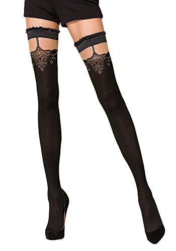 Selente Lovely Legs edle halterlose Damen Strümpfe (made in EU), schwarz mit grauer Schleife, Gr. M/L