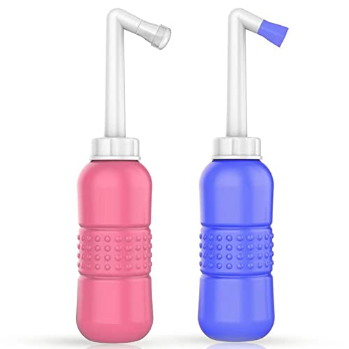2 Stück Peri-Flasche für postpartale Essentials, weibliche Pflege, 450 ml, postpartale Dauerreinigung, 425 ml, tragbares Bidet, Reise-Bidet, mit wasserdichter Aufbewahrungstasche (Rosa + Blau) LZ450-1