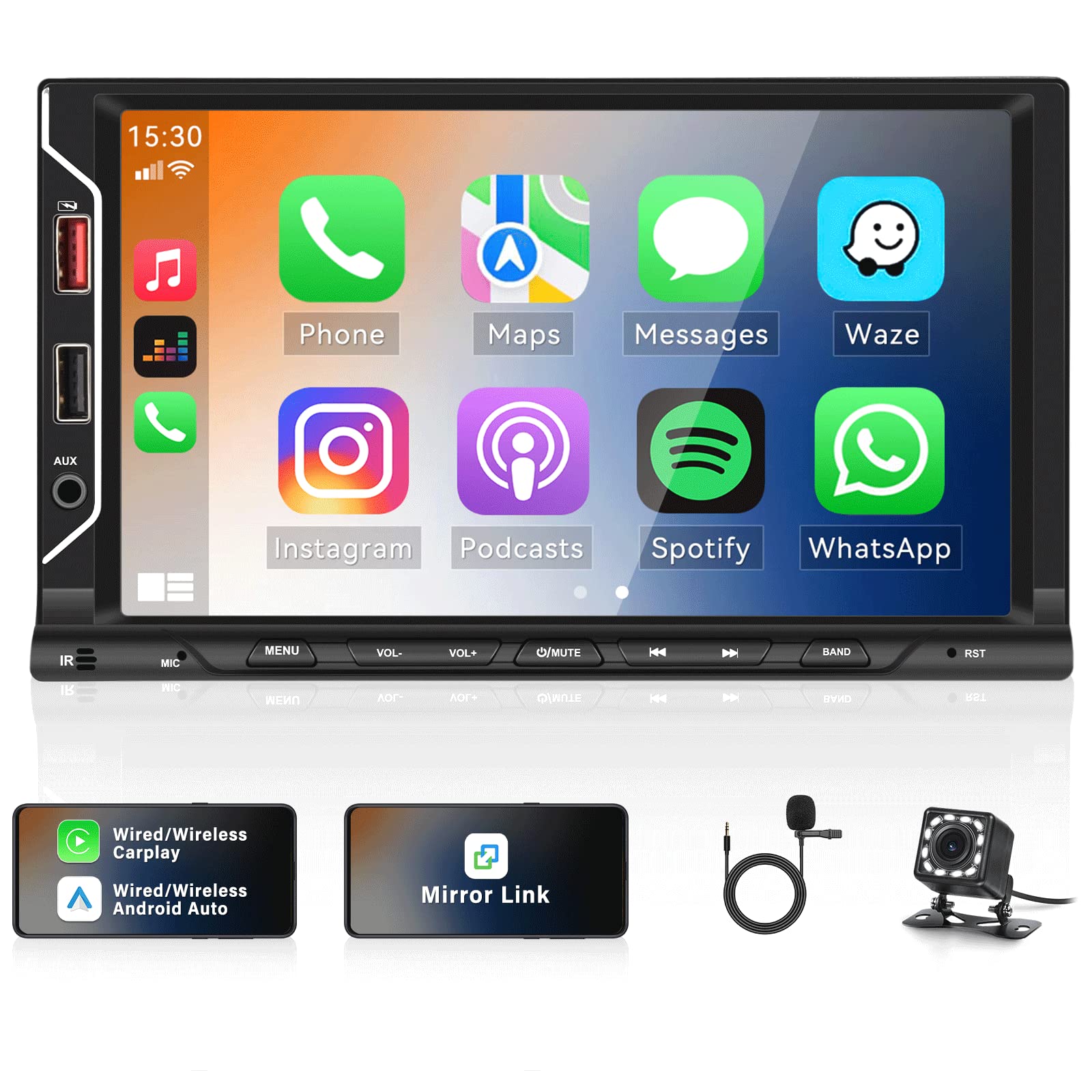 Autoradio 2Din mit Wireless Apple CarPlay Android Auto, 7 Zoll Doppelt Din Bildschirm MP5 Player mit Android/IOS Mirror Link Bluetooth FM SWC AUX-in EQ 6 USB-Anschlüsse + Rückfahrkamera