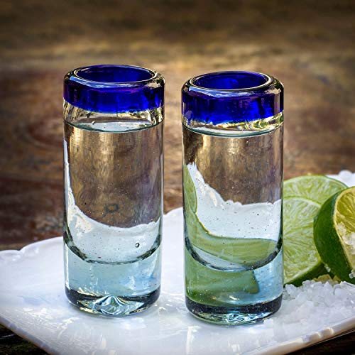 mitienda mit Liebe gemacht Schnapsglas 2er Set Caballitos blau aus Mexiko, Mundgeblasene Gläser für Likor und Schnaps, Geschenkidee