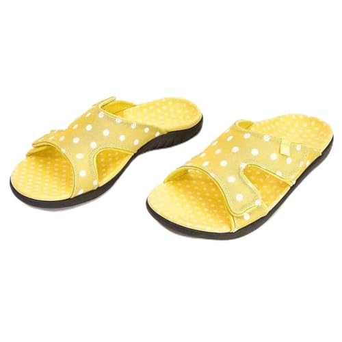 LaoSShu Modische, verstellbare Sandalen mit Klettverschluss for Damen, flache, lässige Sommersandalen und Hausschuhe, I-förmige, gepunktete Hausschuhe, rutschfest (Color : Yellow, Size : 36)