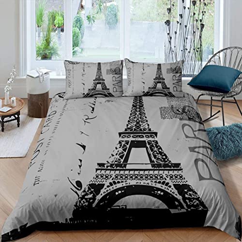 HATEGE 3D Eiffelturm Bettwäsche 150x200 Romantisches Paris Weiche Bettwäsche-Sets Mikrofaser 3 Teilig Paare Bettbezug Set und 2 Kissenbezug 80x80 cm mit Reißverschluss