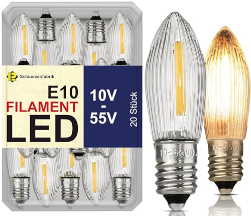 20x LED E10 Spitzkerzen 10V - 55V Universal Ersatzbirnen Filament LED Topkerzen für Lichterkette und LED Schwibbbogen