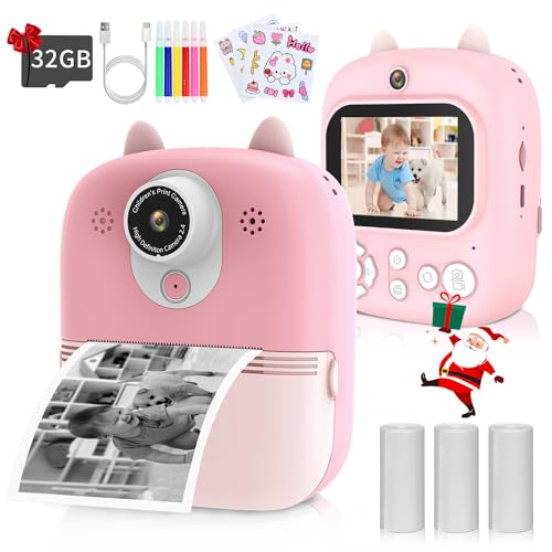 HONGNIX Kinderkamera, Sofortbildkamera Kinder 1080P 2.4 Zoll Bildschirm Videokamera Schwarzweiß Fotokamera mit 32GB Karte 3 Rollen Druckpapier für Kinder 3-12 Jahren