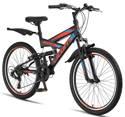 Licorne Bike Strong V (Schwarz/Blau/Orange) 24 Zoll Mountainbike Fully, MTB, geeignet für 8,9,10,11 V Bremse vorne und hinten, Shimano 21 Gang-Schaltung, Vollfederung, Jungen-Herren Fahrrad