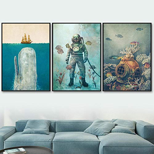 Yimesoy 3 Stück Canvas Paining Segelboot Sea Seabed Diver Whale Nordic Vintage Poster Und Wandkunst Wandbilder Für Wohnzimmer Home Decor 24"X32"X3Panels