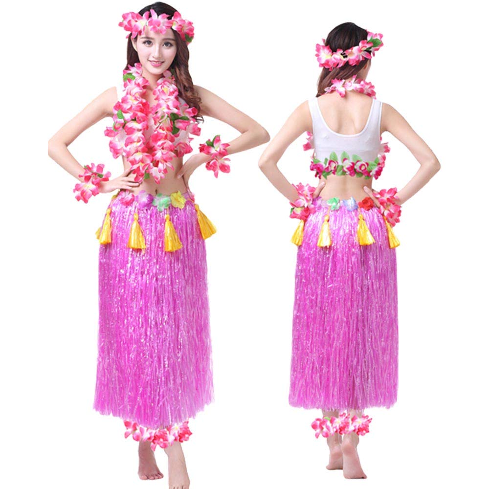 G-LIKE Hula Tanz Kleid Kostüm - Hawaii Tanzkleid Grasrock Zubehör Sexy Outfit Kleidung Set Verzierung Quasten Blumen Party Cosplay Maskerade Strandurlaub für Damen Mädchen - Kunststoff 8 In 1 (Rosa)
