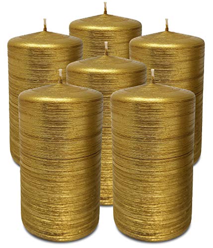 Hyoola Gebürstetes Metallic Stumpenkerzen - Kerzen Gold 6er-Pack - Stumpenkerzen Gold - Dekorative Stumpenkerzen Groß Hergestellt in EU - Kerzen Lange Brenndauer - 7 cm x 13 cm