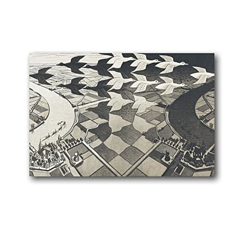 Maurits Cornelis Escher Abstrakte moderne Kunstwerke Poster Tag und Nacht, Wandkunst, Gemälde auf Leinwand, Geschenk, Wohnzimmer, Schlafzimmer, Dekor, Poster, Kunstwerke, 50 x 75 cm