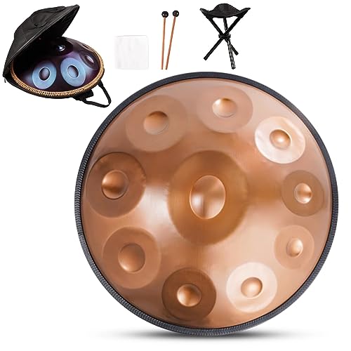 Handpan Drum, Stahlhandtrommel in D-Moll 432 Hz/440 Hz 10 Noten 22 Zoll/58 cm Hand Pan Drums Sets für Erwachsene (Farbe: Gold, Größe: 432 Hz)