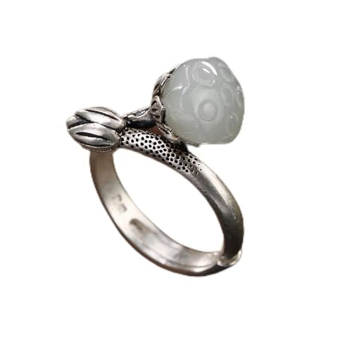 Verstellbarer Ring für Damen – Ring für Damen mit verstellbarer Öffnung, S925 Retro-Hetian-Jade und weiße Jade mit eingelegten Lotus-offenen Ringen, handgefertigter, einzigartiger Schmuck für Damen,