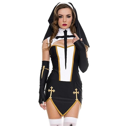 WSZJLN Sexy Lady Nonne Superior Kostüm Karneval Halloween Kirche Religiöses Kloster Cosplay Fancy Partykleid-Schwarzes Kleid-XL