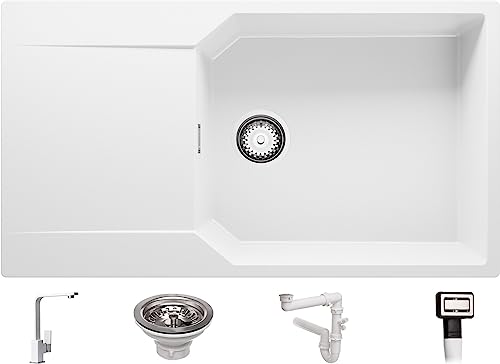 Granitspüle Weiß 90x50 cm, Spülbecken + Ablauf-Set + Küchenarmatur 8000, Küchenspüle für 60er Unterschrank, Einbauspüle von Primagran