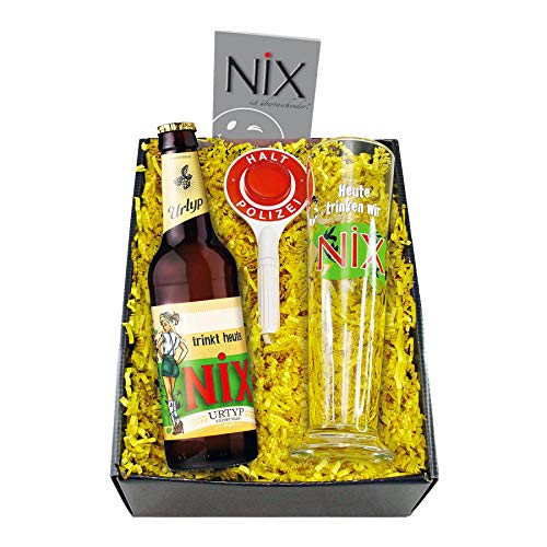 Monsterzeug Nix im Glas, Geschenkset mit Bier, Pilsglas und Polizeikelle, Lustiges Biergeschenk für Männer, Scherzartikel