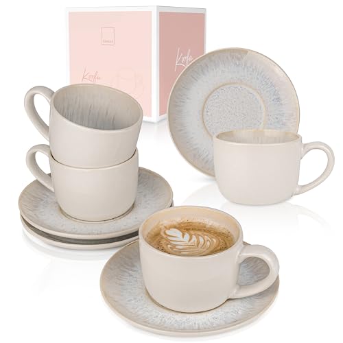 SÄNGER | Kaffeetassen Set mit Untertasse Korfu 8 tlg, Kaffeetassen und Untertassen 4 Personen, Steingut Kaffeeservice, Tassen, Tassen Set Creme Farben & Sandiger Maserung im Inneren | 230ml