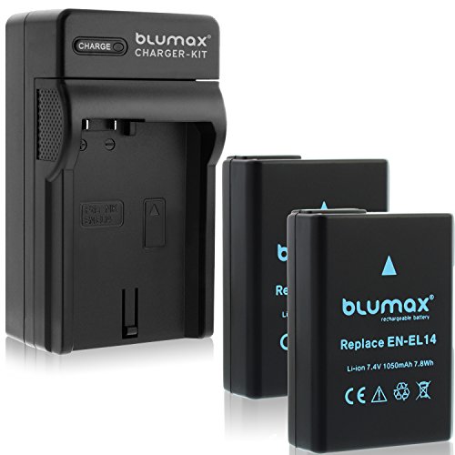 Blumax 2X Akku für Nikon EN-EL14 / EN-EL14a 1050mAh + Ladegerät für EN-EL14 / EN-EL14a | passend zu Nikon DF-D3100-D3200-D3300-D3400-D5200-D5300-D5400-D5500 | Coolpix P7000-P7100-P7700-P7800