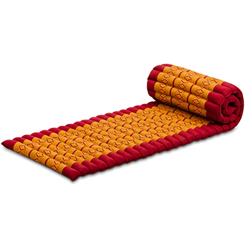 livasia Kapok Rollmatte in 190cm x 50cm x 4,5cm der Marke Liegematte BZW. Yogamatte, Thaikissen, Thaimatte als asiatische Rollmatratze (rot/gelb)