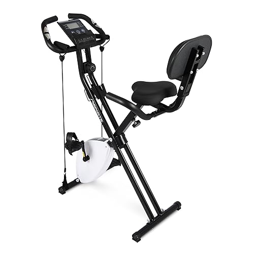 Fitness X-Bike Premium + Widerstandsbändern | Fahrradtrainer, Heimtrainer klappbar mit Rückenlehne, LCD-Display und Herzfrequenzsensor