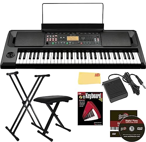 Korg EK-50 Entertainer Keyboard Bundle mit Ständer, Bank, Deluxe Sustain Pedal, Fast Track Musikbuch, Onlineunterricht, Lehr-DVD und Austin Bazaar Poliertuch