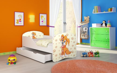 Kinderbett Jugendbett Komplett mit einer Schublade und Matratze Lattenrost Weiß ACMA I (180x80 cm + Bettkasten, 11 Welpe)
