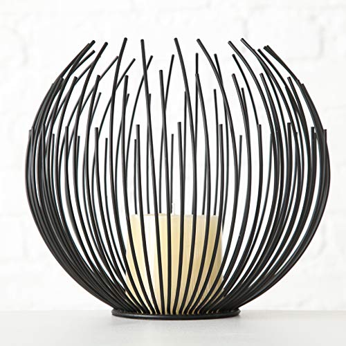 mucHome Windlicht Globe mit Stumpenkerze H21cm Eisen Schwarz runder Kerzenständer Kerzenhalter