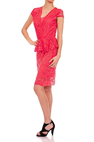 Laeticia Dreams Damen Kleid aus Spitze Kurzarm Knielang Schößchen S M L XL, Farbe:Koralle;Größe:40