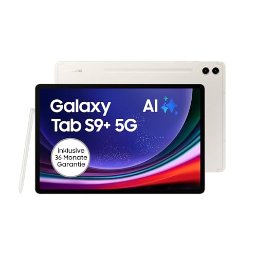 Samsung Galaxy Tab S9+ Android-Tablet, 5G, 256 GB / 12 GB RAM, MicroSD-Kartenslot, Inkl. S Pen, Simlockfrei ohne Vertrag, Beige, Inkl. 36 Monate Herstellergarantie [Exklusiv bei Amazon]