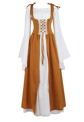 Josamogre Mittelalter Kleid Renaissance Damen mit Trompetenärmel Party Kostüm bodenlang Vintage Retro Costume Cosplay Gelb M