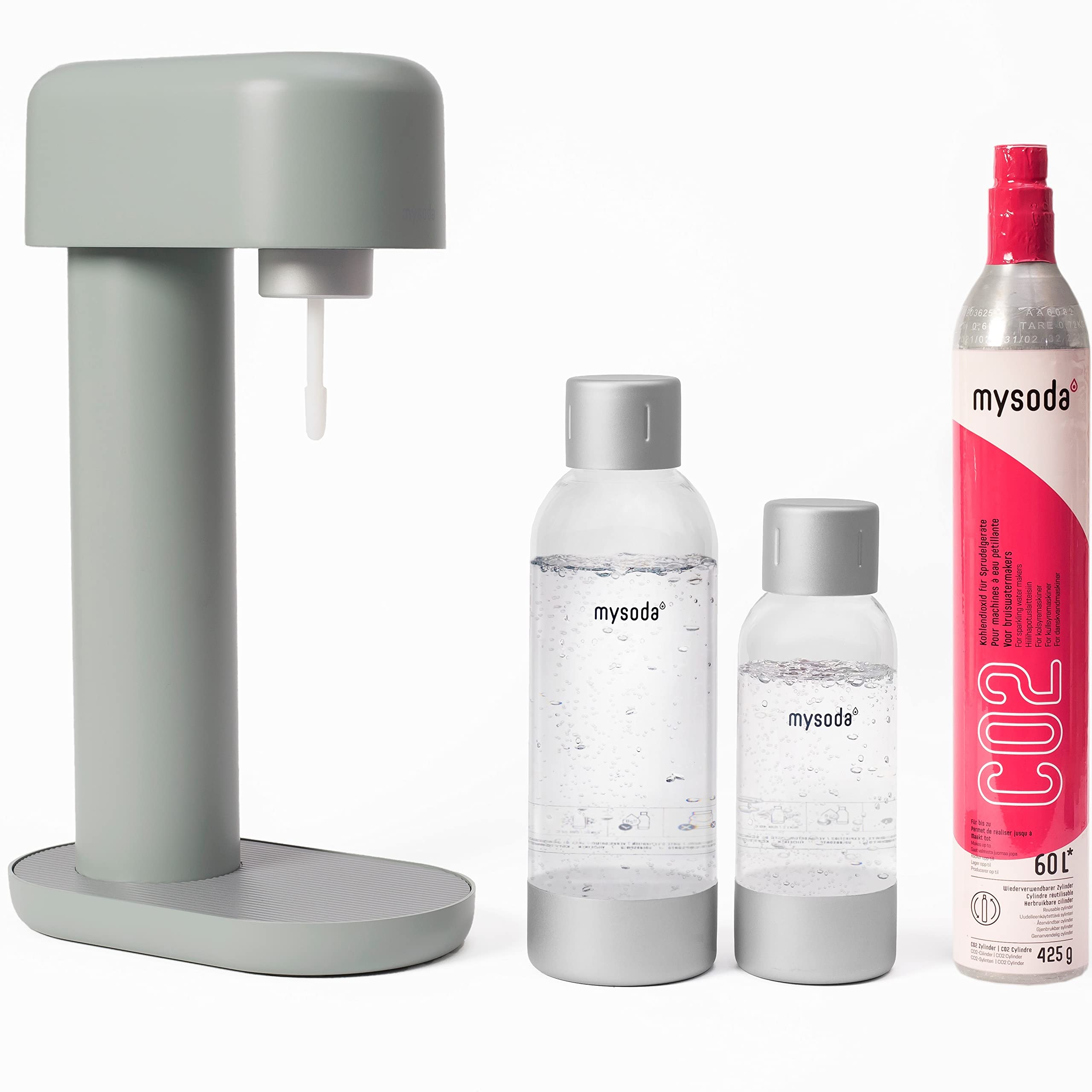 Mysoda: Ruby Set - Wassersprudler aus Aluminum mit 1L und 0.5L Quick-Lock BPA-frei Plastikflasche und CO2-Zylinder - Hellgrün (Pigeon)