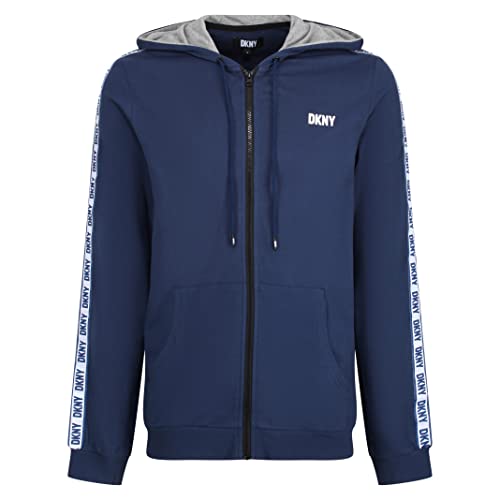 DKNY Herren Mens Long Sleeved Hooded Zip Top in Navy with Branded Arm Detailing-100% Cotton Hoody, Extra Large