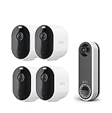 Arlo Pro 5 WLAN Überwachungskamera aussen mit Wireless Doorbell, 2K UHD, 4er Set Weiß, Verbesserte Farbnachtsicht, 160° Blickwinkel, 2-Wege Audio, mit Secure Plan Testzeitraum