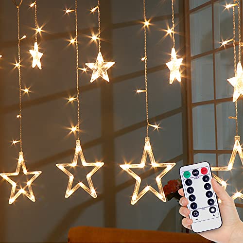 12 Sterne LED Lichterkette,138 LEDs Lichtervorhang Weihnachtslichter Sternenvorhang mit Fernbedienung,8 Modi, USB Aufladung Für Innen Außen,Weihnachten,Party,Hochzeit, Garten, Balkon(warmweiß)