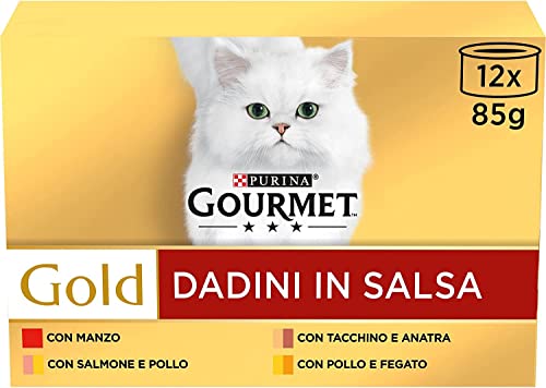 PURINA GOURMET GOLD Feuchte Katze Würfel in Sauce mit Gemüse, mit Ente, Trouta, Kalbskaninchen - 96 Dosen zu je 85 g (12 Packungen mit je 8 x 85 g)