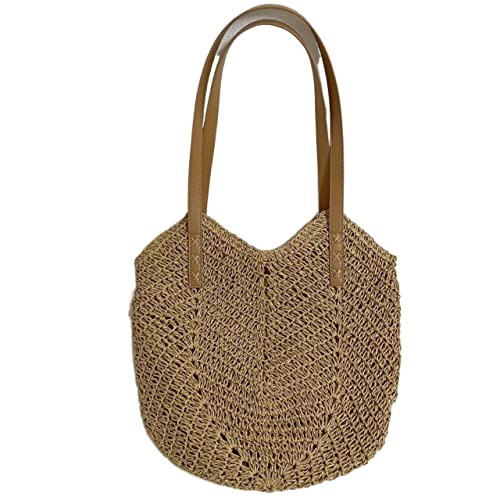 Strohtasche Weben Sie Einkaufstasche-weibliche Umhängetaschen for Frauen-Sommer-Strand-Stroh-Handtaschen und Geldbeutel-Damen-Reise-Einkaufstaschen Runde Strohtasche (Color : Brown)