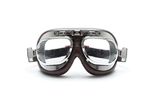 BERTONI Motorradbrille Schutzbrille Vintage mit Chrom Stahlrahmen – Fliegerbrille aus Leder für Harley Davidson und Chopper – Antibeschlag Linsen - AF191CR (Braun)