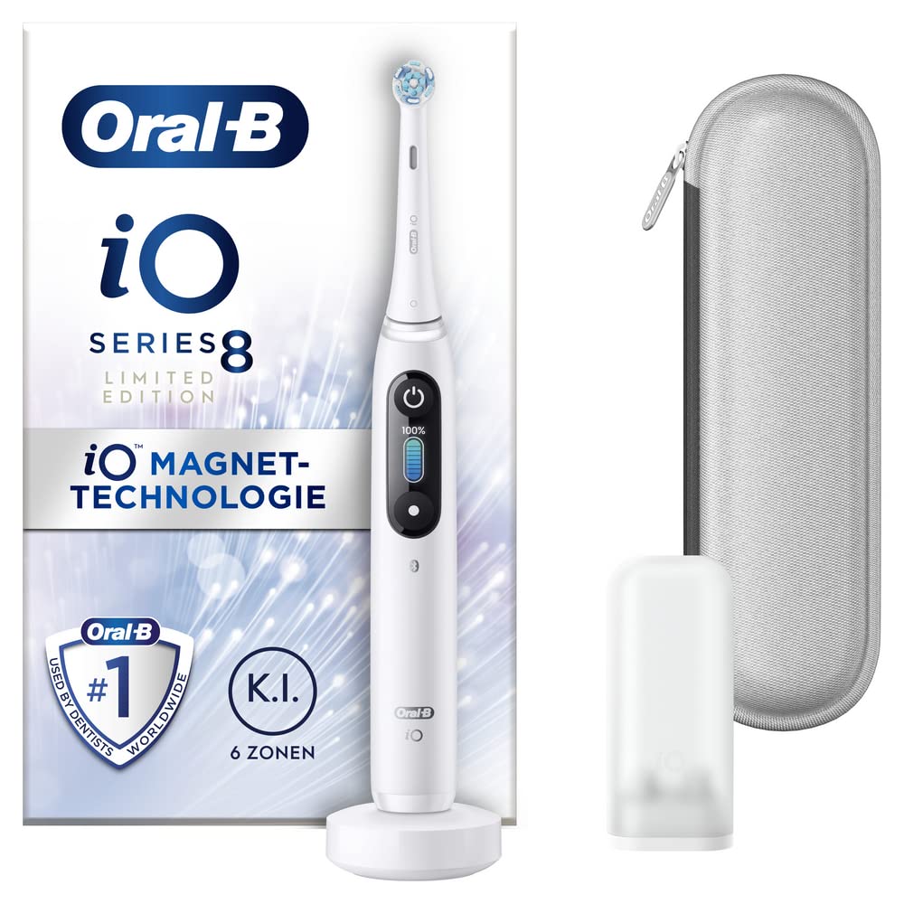 Oral-B iO Series 8 Elektrische Zahnbürste/Electric Toothbrush, 6 Putzmodi für Zahnpflege, Magnet-Technologie, Farbdisplay & Reiseetui, Limited Edition, white alabaster