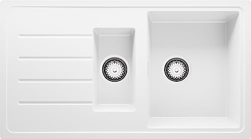 Spülbecken Weiß 90 x 50 cm, Granitspüle + Ablauf-Set, Küchenspüle ab 60er Unterschrank, Einbauspüle von Primagran