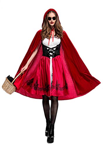 FStory&Winyee Damen Halloween Kostüm Rotkäppchen Kostüm mit Umhang ,Karneval Verkleidung Party Nachtclub Kostüm Rot+schwarz+weiß, size: L