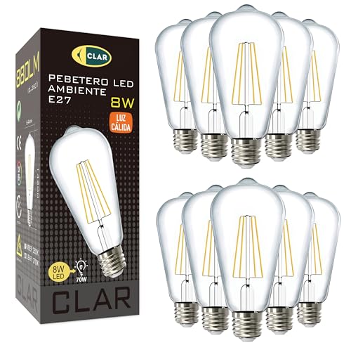 CLAR - LED Filament E27 8W ST64, E27 LED Warmweiss, E27 Retro, Glühbirnen Kaufen, Retro Birne E27 2700ºK (Pack 10)